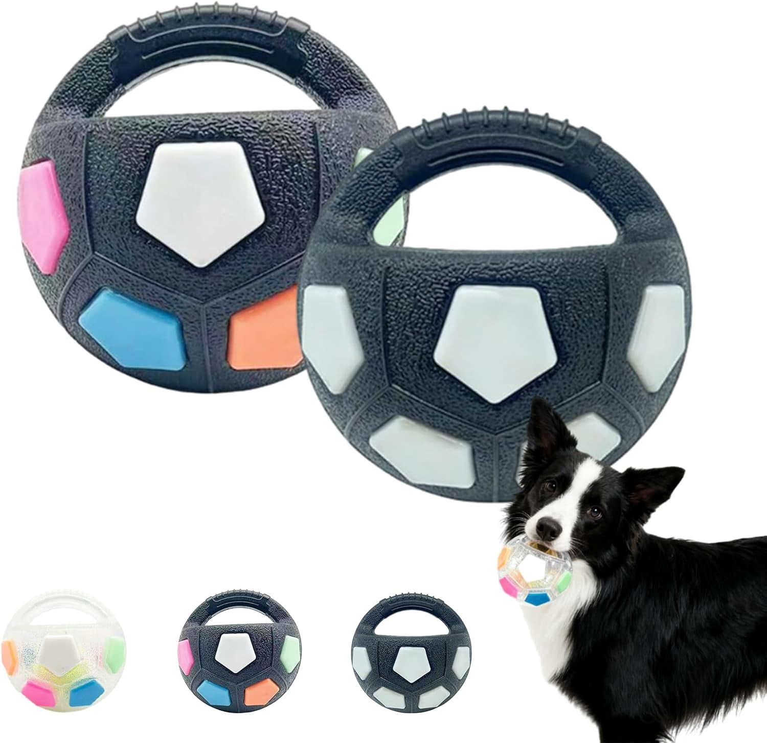 The Mellow Dog Calming Ball with Handle, Pet Dog Football Shape Toy, Rubber, Squeaky, Suitable, Interactive Pet Toy, for Medium Large Breeds, Training & Outdoor Games