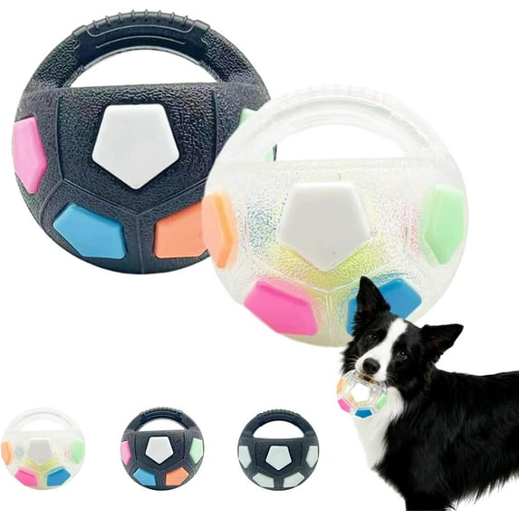Mellow Dog Soothing Ball with Handle, a soccer ball-shaped dog toy, is made of rubber and squeaks, perfect for interactive pets, suitable for water play, training, and outdoor play.
