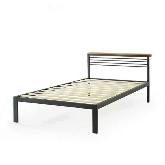 Mellow HYLLE Metal and Wood Platform Bed Frame with Low Headboard Shelf, Twin, Pine