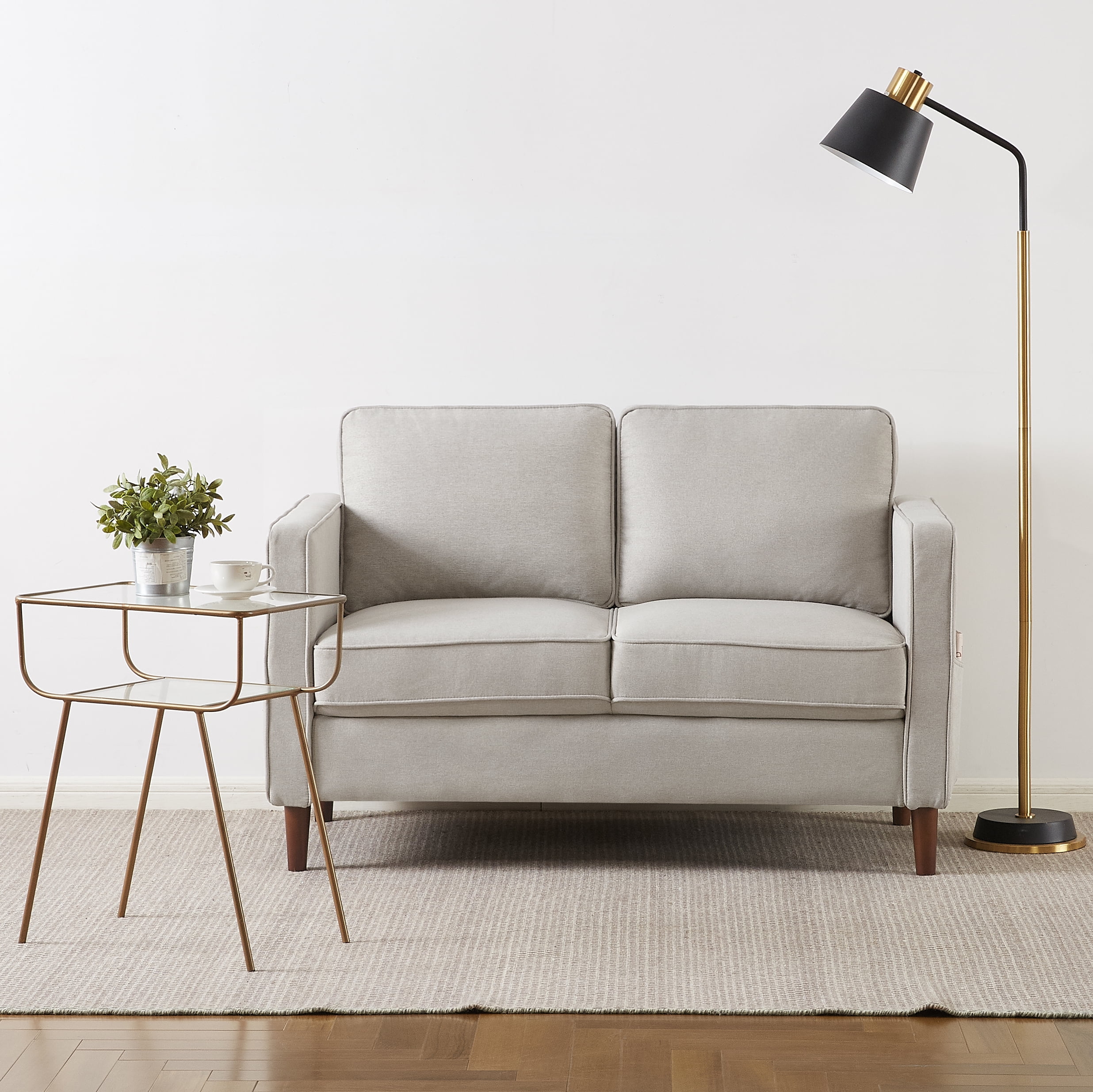 Mellow Hana Modern Fabric Loveseat with Armrest Pockets, Sand Grey Beige