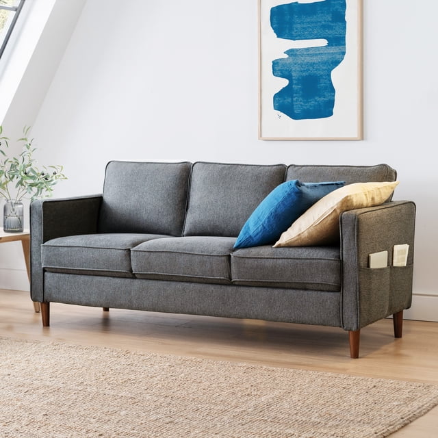 Mellow Hana Modern Upholstered Linen Fabric Sofa with Armrest Pockets ...