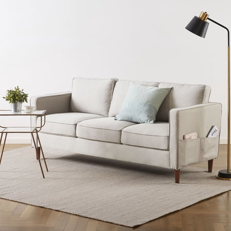 Mellow Hana Modern Upholstered Linen Fabric Sofa with Armrest Pockets, Sand Grey Beige