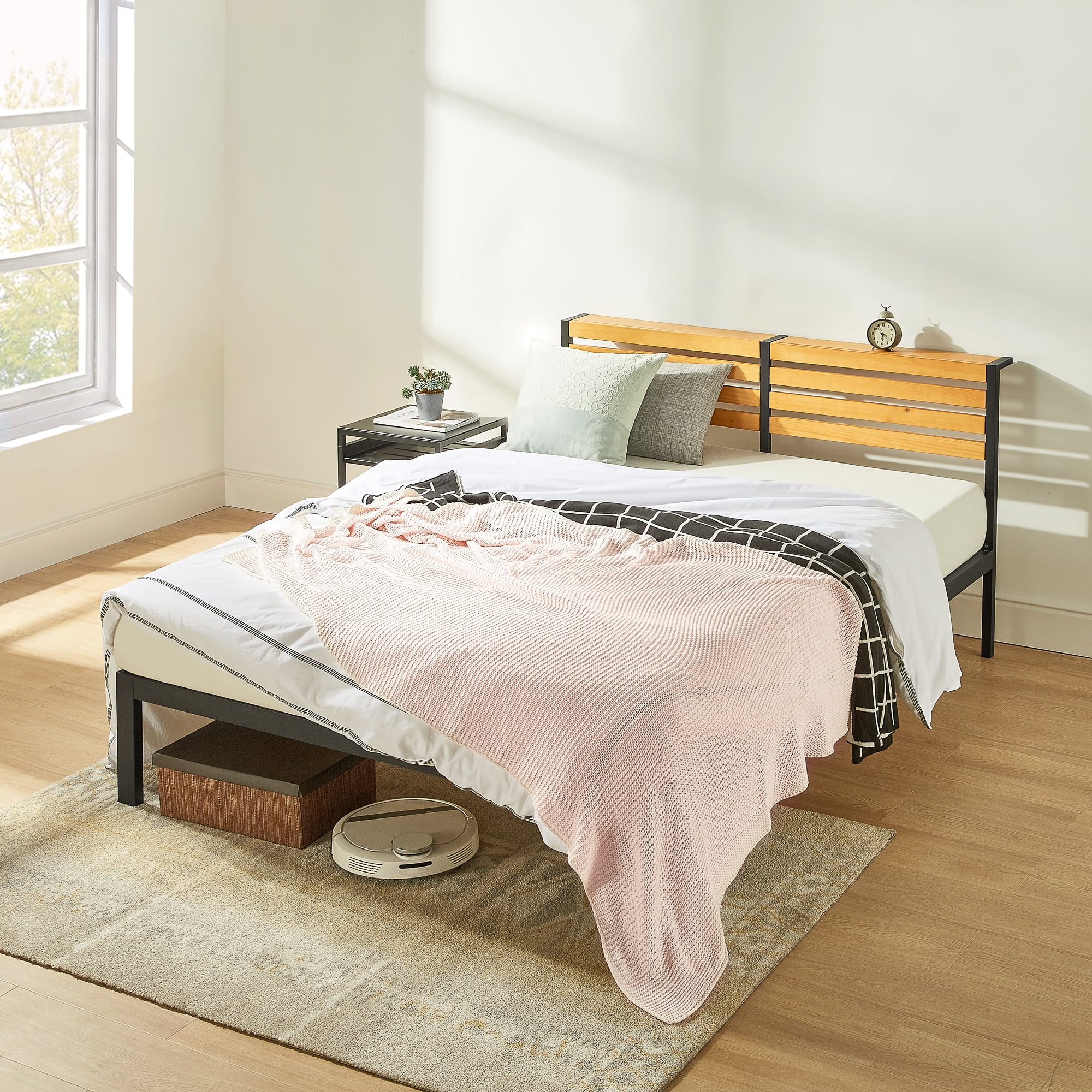Mellow Kasi Metal Platform Bed with Panel Headboard Shelf, King