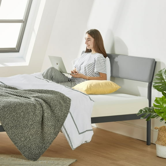 Mellow Kera Metal Platform Bed with Angled Upholstered Headboard, Solid Wooden Slats, Classic Gray, Twin