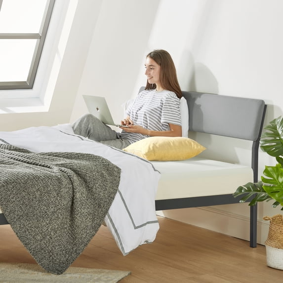 Mellow Kera Metal Platform Bed with Angled Upholstered Headboard, Solid Wooden Slats, Classic Gray, Twin