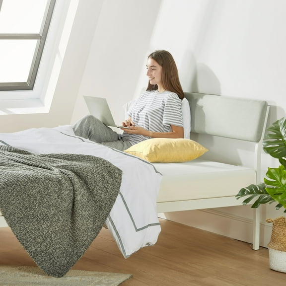 Mellow Kera Metal Platform Bed with Angled Upholstered Headboard, Solid Wooden Slats, Sky Gray, Queen