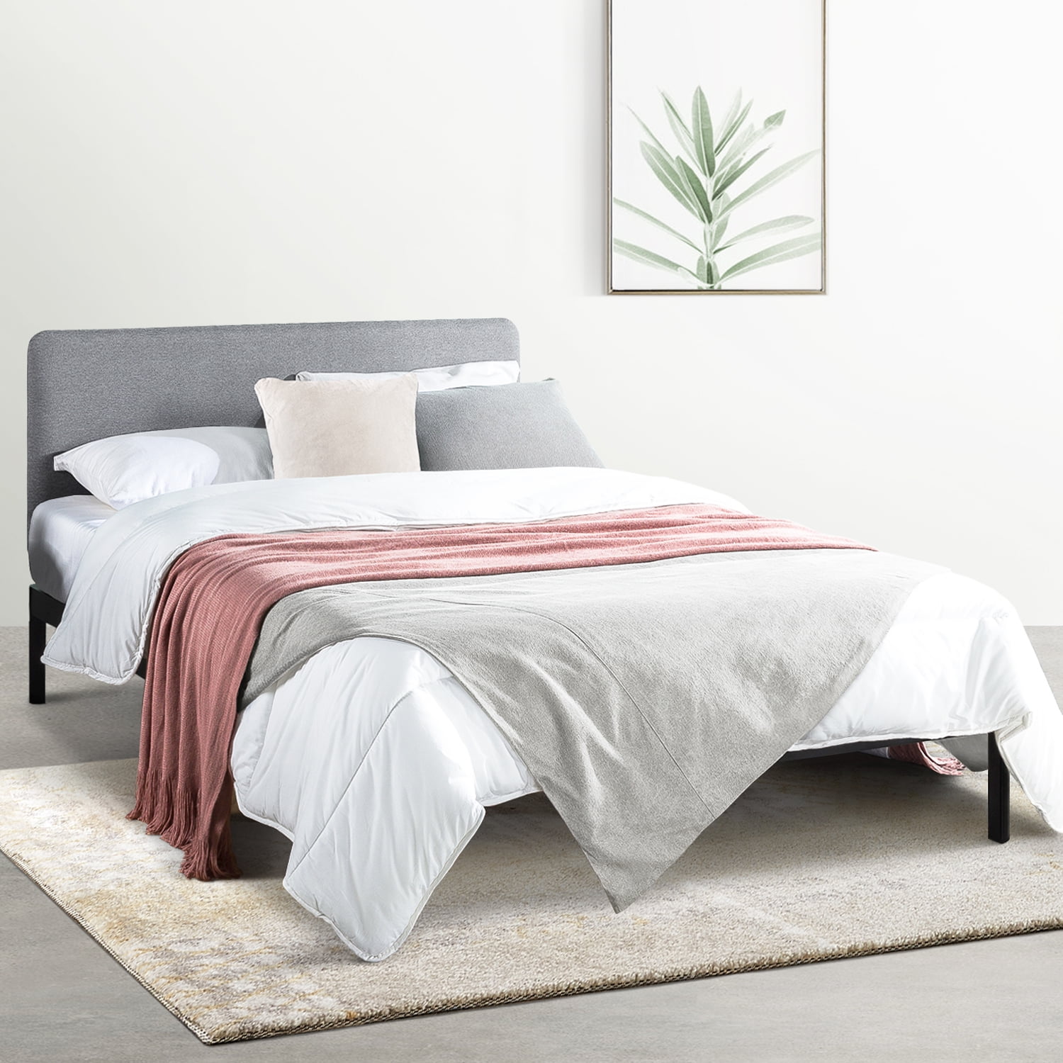 Mellow Kert Metal Platform Bed with Fabric Headboard and Rounded Legs, Classic Grey, Full
