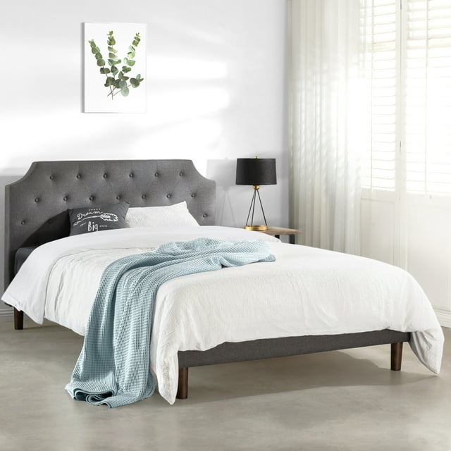 Mellow MAVN Upholstered Platform Bed, Modern Tufted Headboard, Real Wooden Slats and Legs, Dark Grey, Full