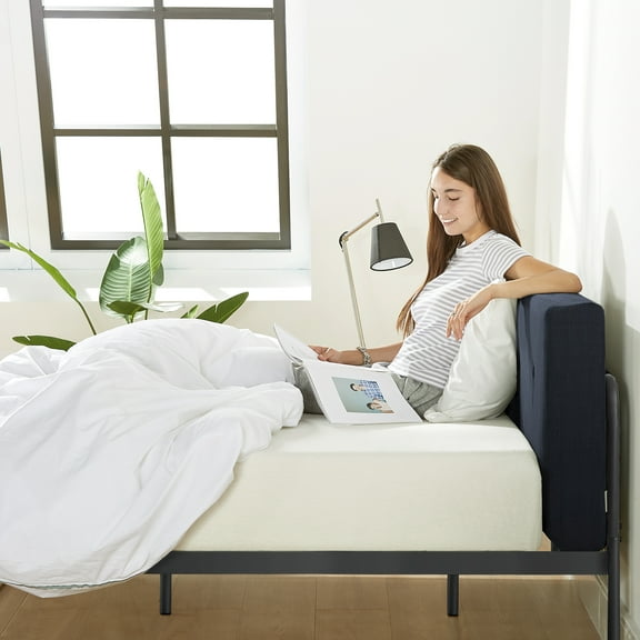 Mellow Maggie Metal Platform Bed with Upholstered Cushion Headboard, Navy, Full