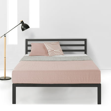 Mellow Modernista 14" Metal Platform Bed with Headboard and Wooden Slats, Black, Queen