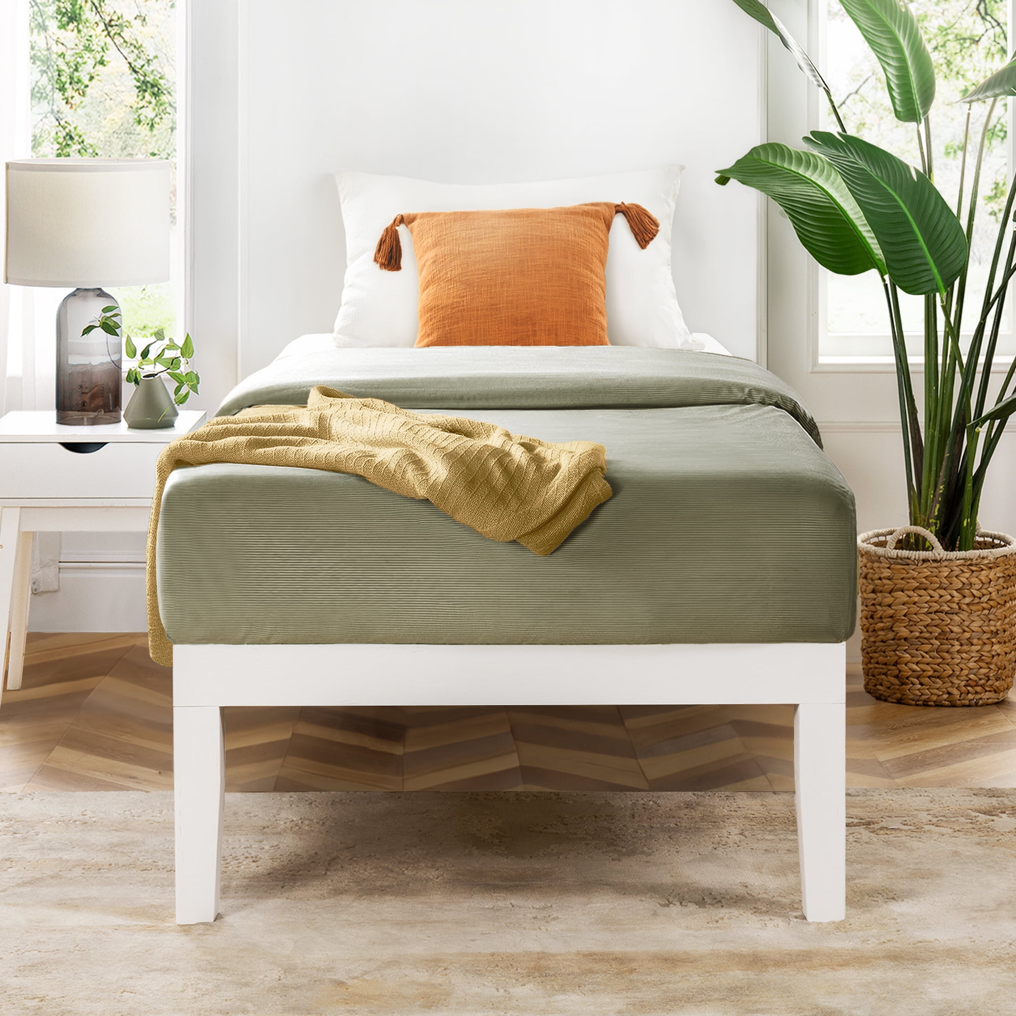 Mellow Naturalista Classic 16" Solid Wood Platform Bed with Wooden Slats, White, Twin
