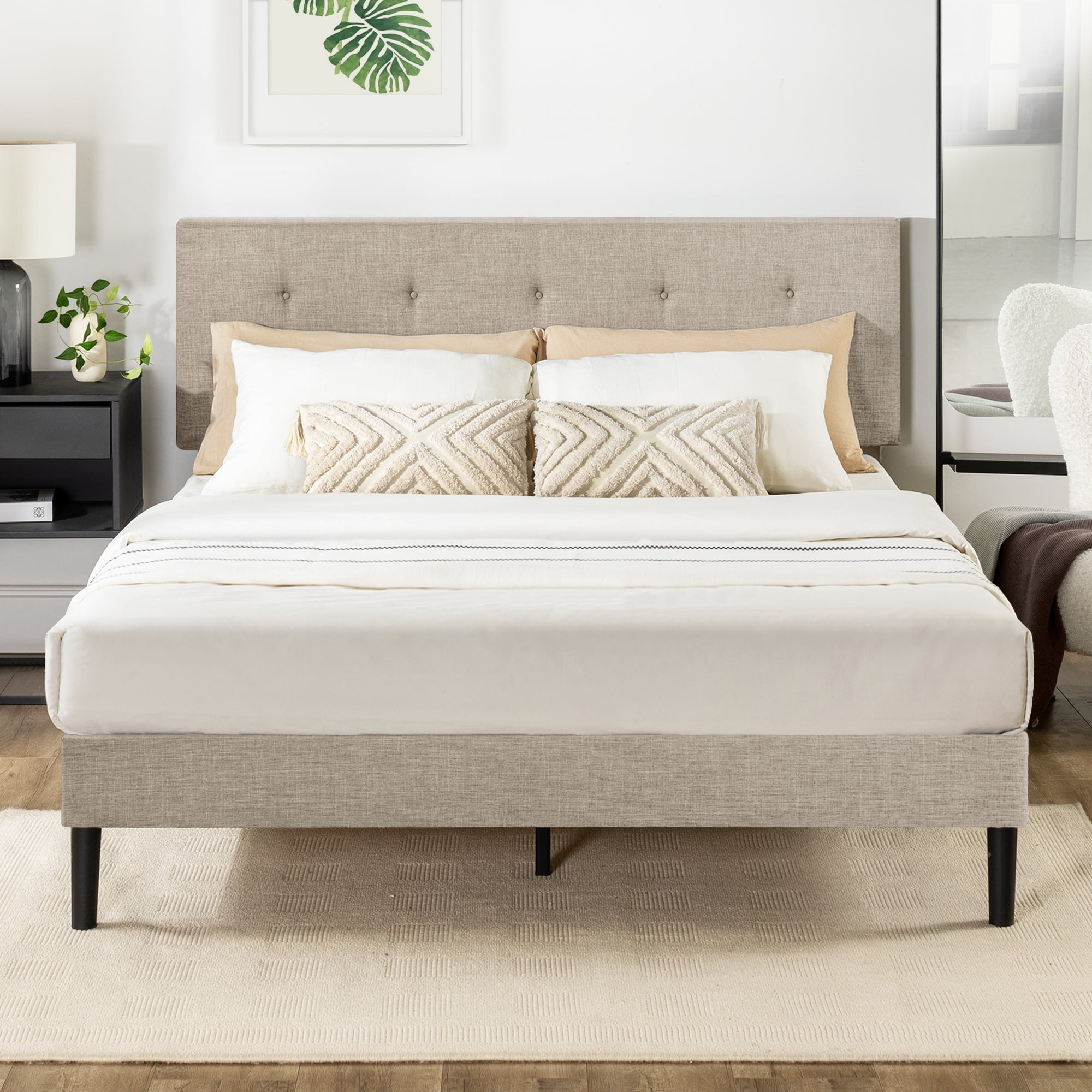 Mellow Nola Upholstered Platform Bed Frame with Headboard, Beige, Queen