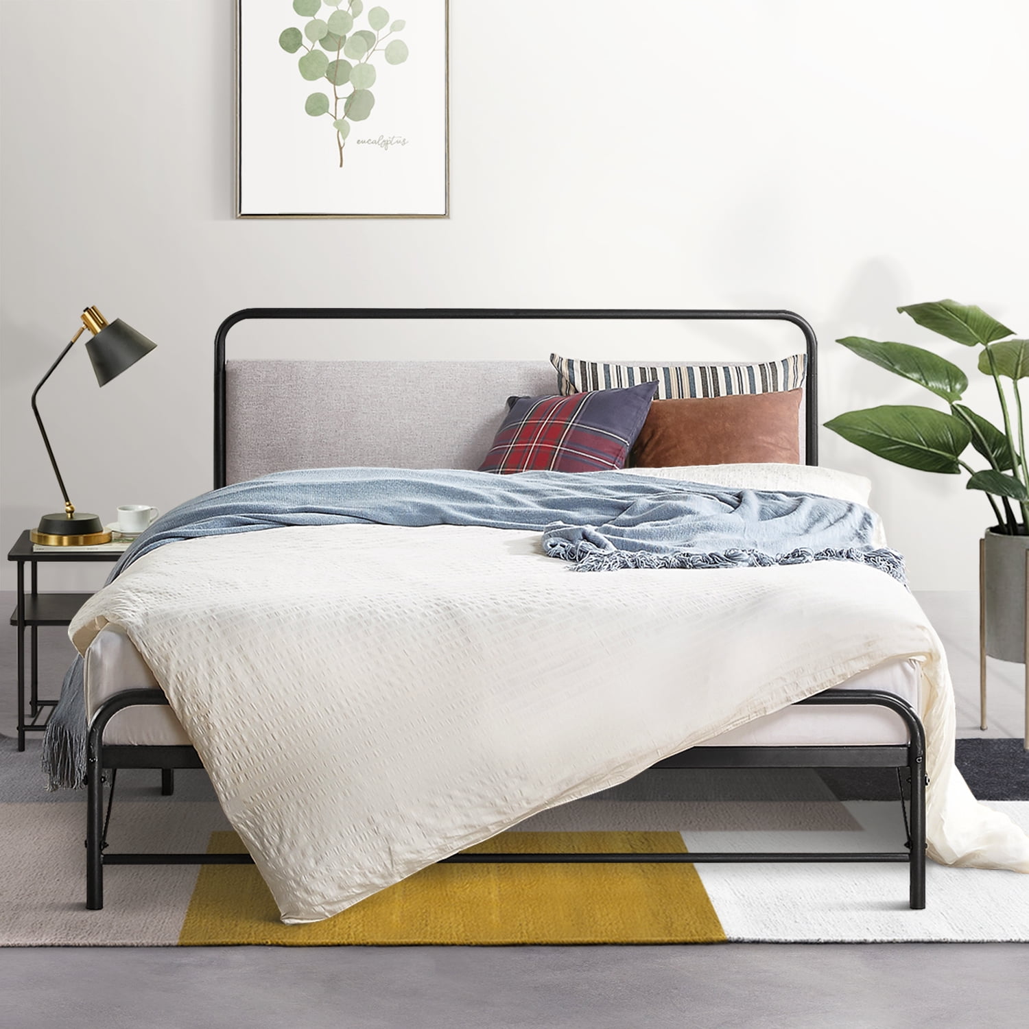 Mellow Nomadi Bifold Metal Platform Bed with Fabric Headboard, Cloud Grey, Twin