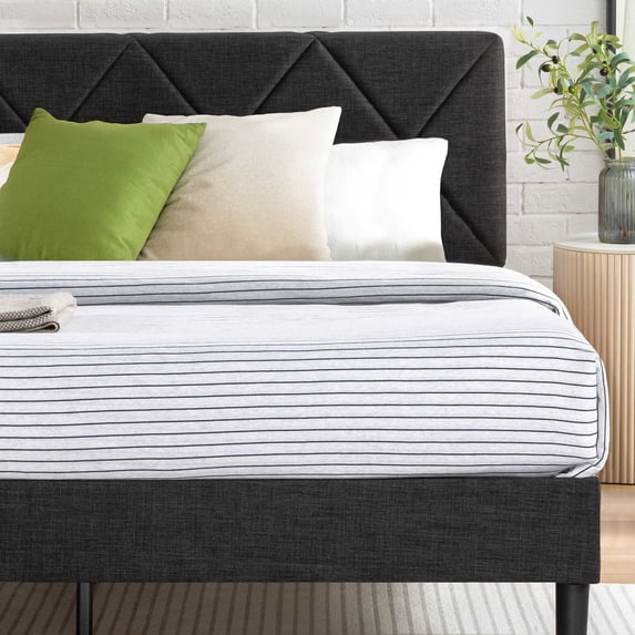 Mellow Olena Upholstered Platform Bed Frame with Headboard, Black, Full