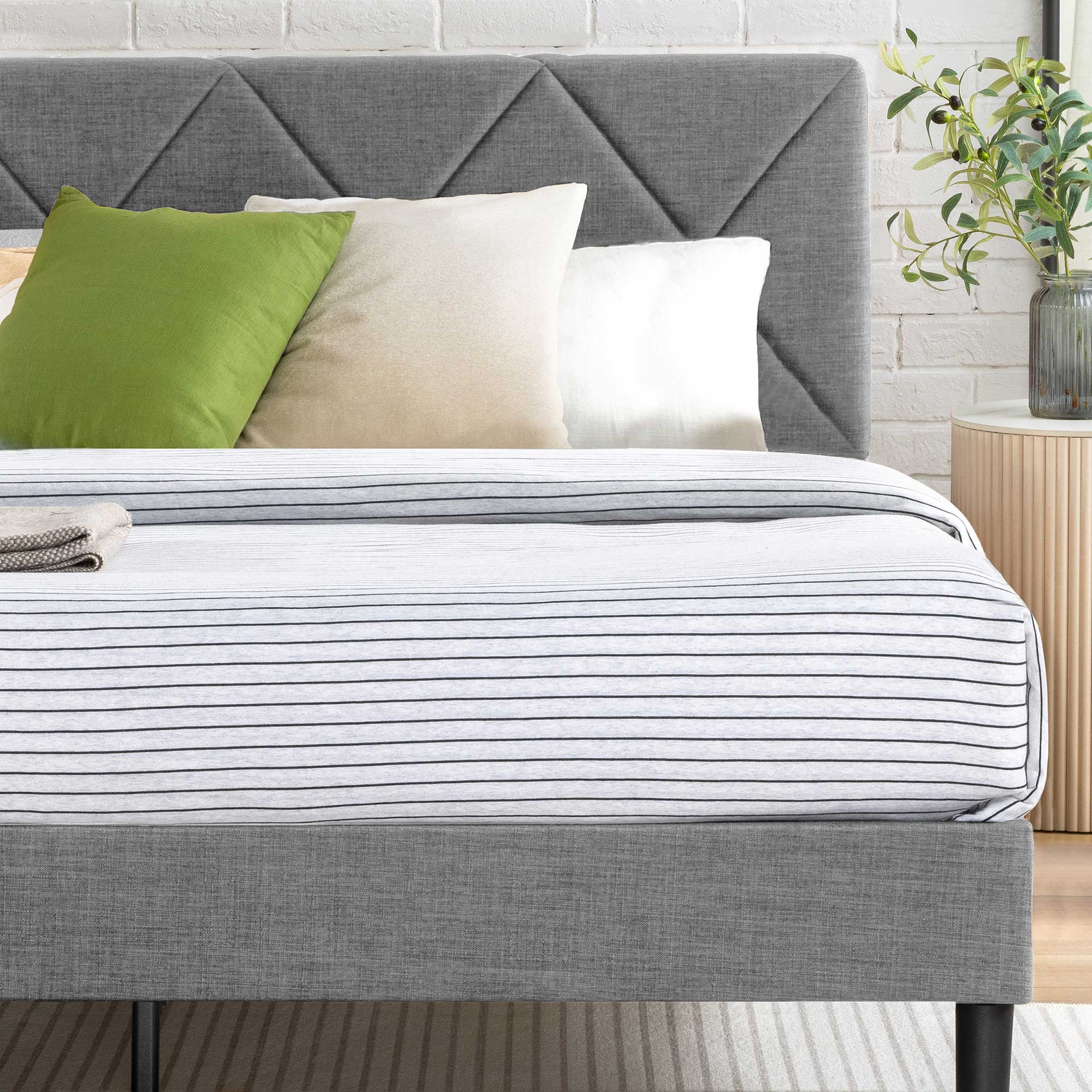 Mellow Olena Upholstered Platform Bed Frame with Headboard, Light Grey, Queen