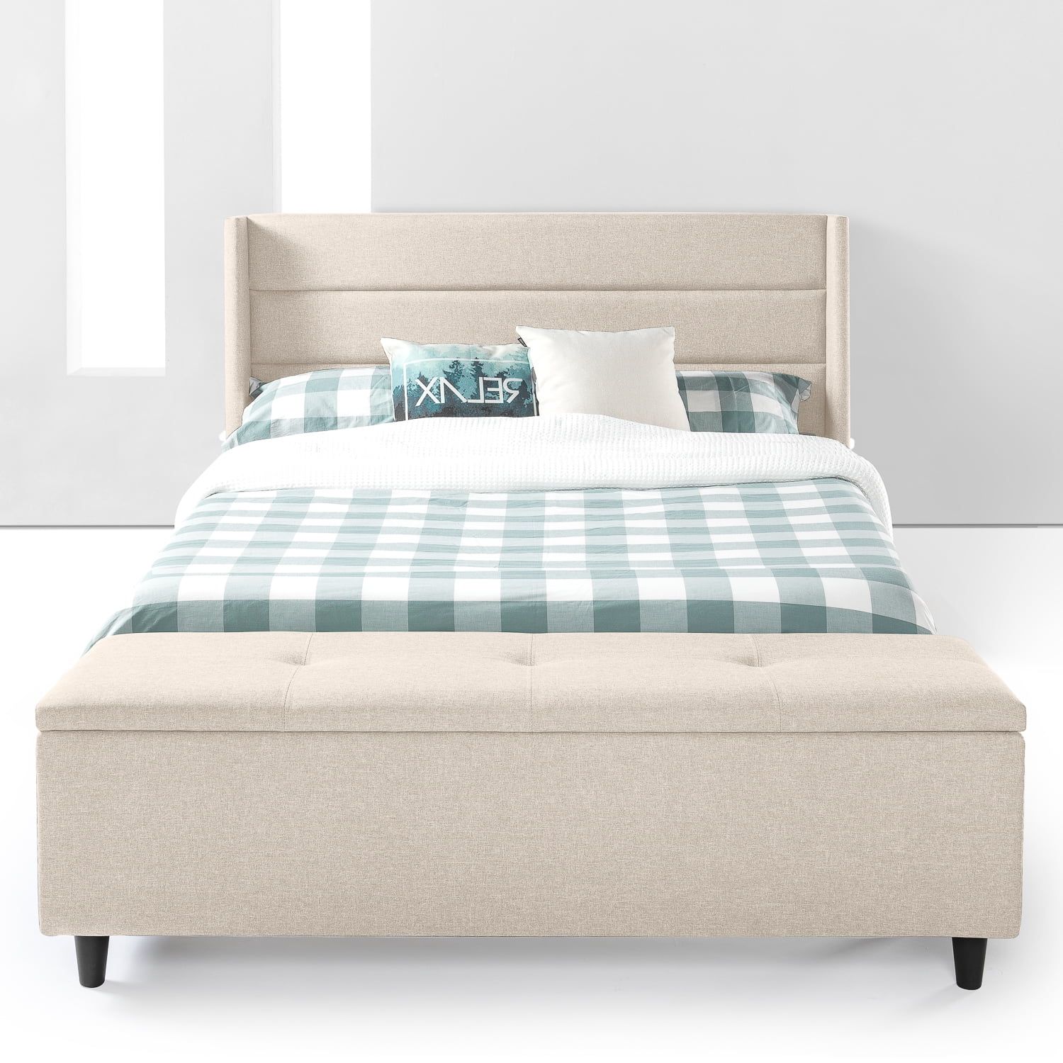 Mellow Peekaboo Upholstered Platform Bed with Wingback Headboard and Storage Bench, Beige, Queen