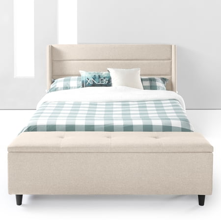 Mellow Peekaboo Upholstered Platform Bed with Wingback Headboard and Storage Bench, Beige, Queen