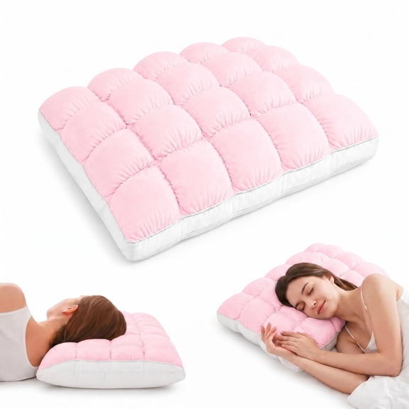 Mellow Puff Cooling Pillow for Sleeping, Fluffy Cloud Pillow with Cooling Ice Silk Cover, Quilted Grid Pillow for Side & Back Sleepers, Soft Support, Machine Washable, Standard(Baby Blue)