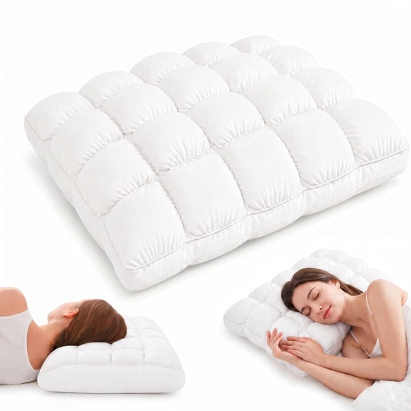 Mellow Puff Cooling Pillow for Sleeping, Fluffy Cloud Pillow with Cooling Ice Silk Cover, Quilted Grid Pillow for Side & Back Sleepers, Soft Support, Machine Washable, Standard(Baby Blue)