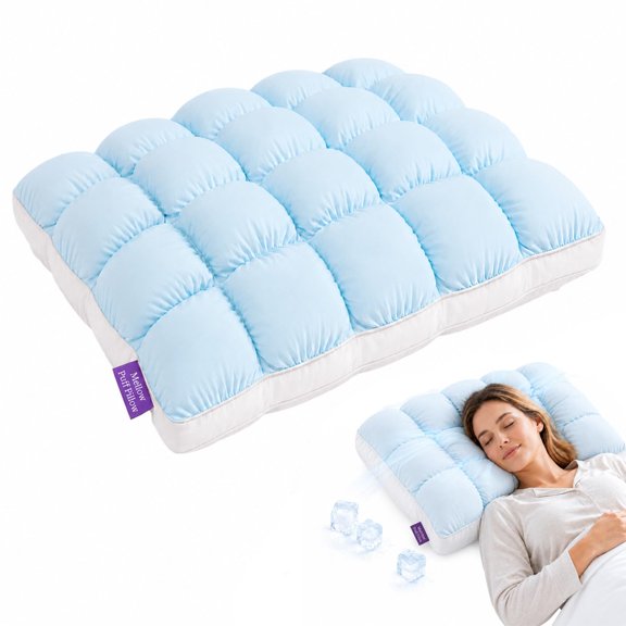Mellow Puff Cooling Pillow for Sleeping, Fluffy Cloud Pillow with Ice-Silk Touch, Breathable Quilted Grid Design, for Side and Back Sleepers, Machine Washable (Gary)
