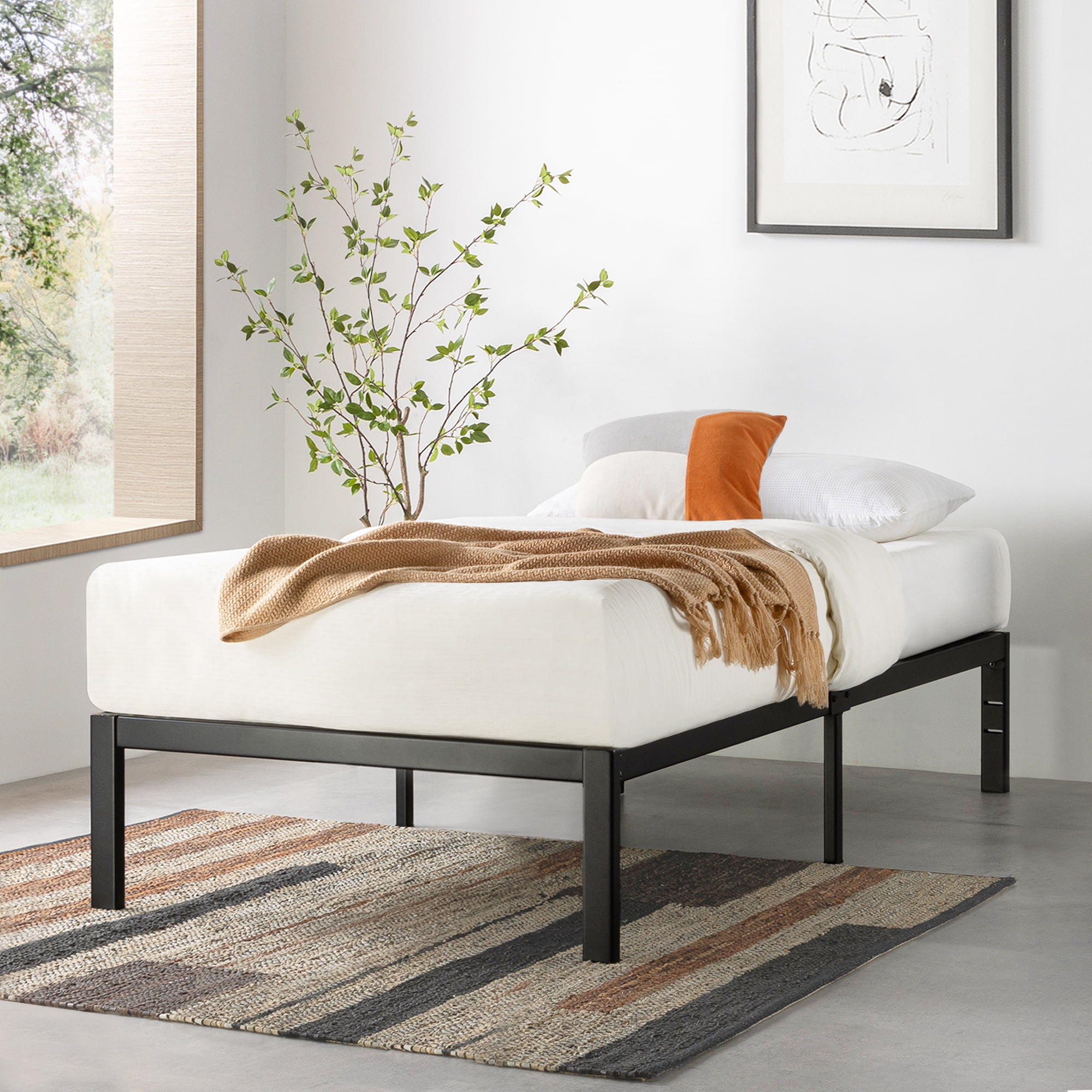 Mellow Rocky Base E Metal Platform Bed with Patented Wide Steel Slats, Black, Twin
