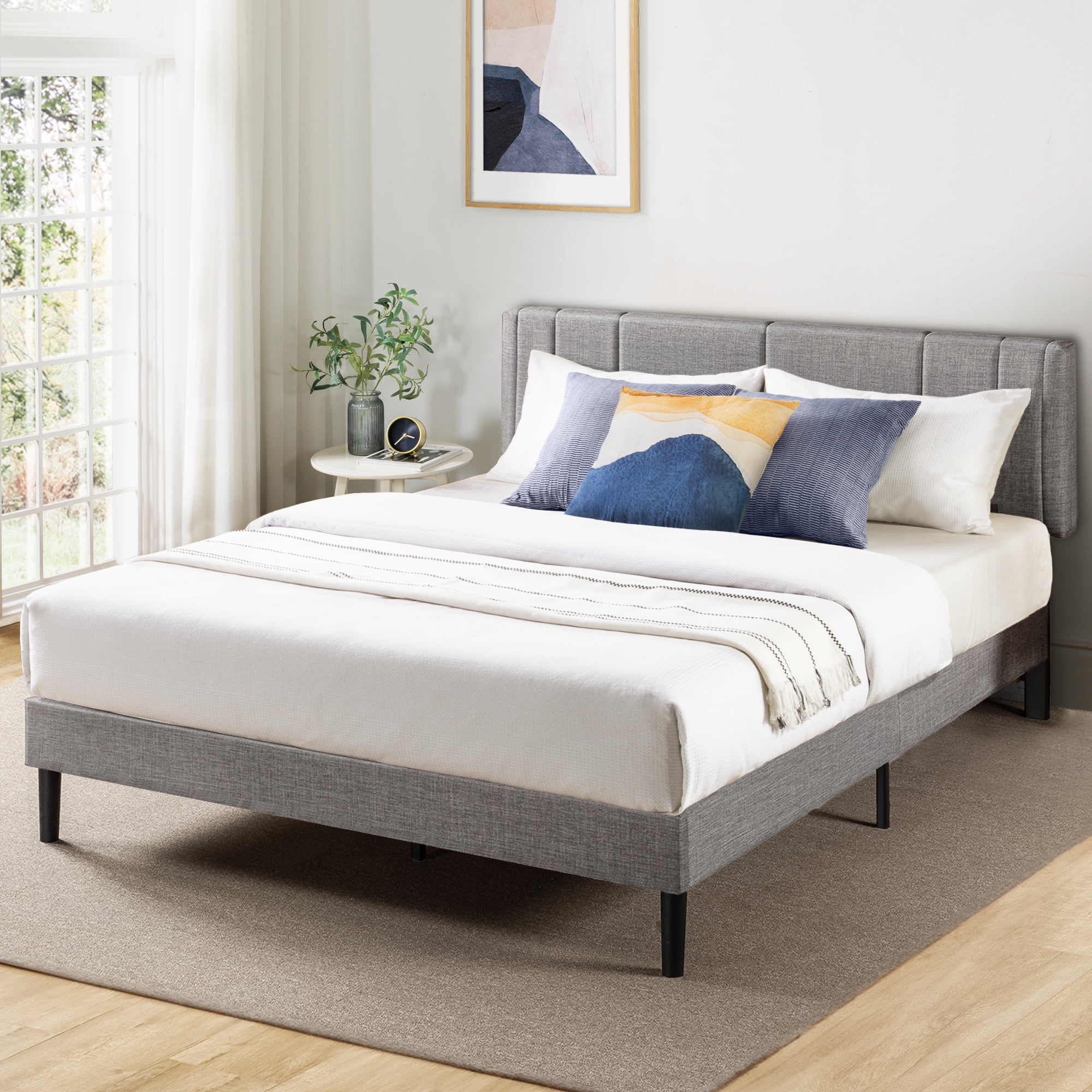 Mellow Soley Upholstered Platform Bed Frame with Headboard, Light Grey, King