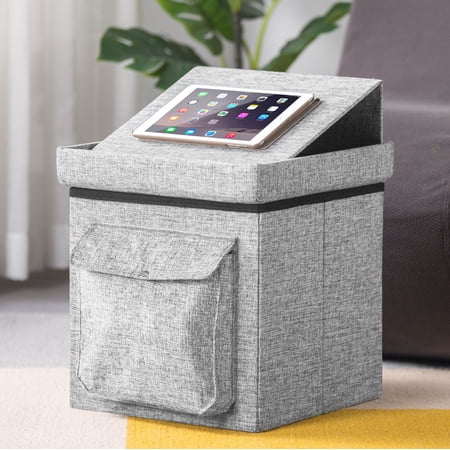 Mellow Worktop 15" Storage Ottoman with Pocket and Tablet Tray, Blue