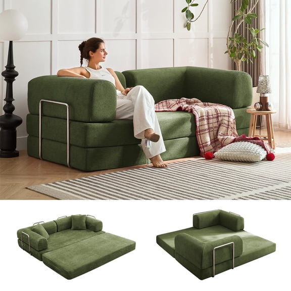 MellowCove Convertible Folding Sofa Bed 78.7", Corduroy Floor Sofa Couch, Boneless Sleeper Sofa, High Density Foam, Portable Space Saving, No Assembly (Green, 78.7" 2-Seater Sofa)