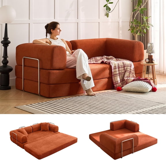 MellowCove Convertible Folding Sofa Bed 78.7", Corduroy Floor Sofa Couch, Boneless Sleeper Sofa, High Density Foam, Portable Space Saving, No Assembly (Orange, 78.7" 2-Seater Sofa)