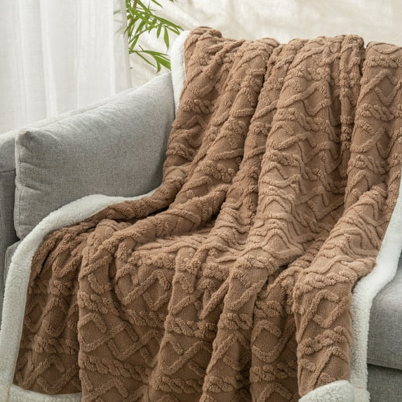 Mellowdy Jacquard Shaggy Weft Knitted Blanket (Brown, 60x80 inches) - Reversible Sherpa Twin/Full Blanket