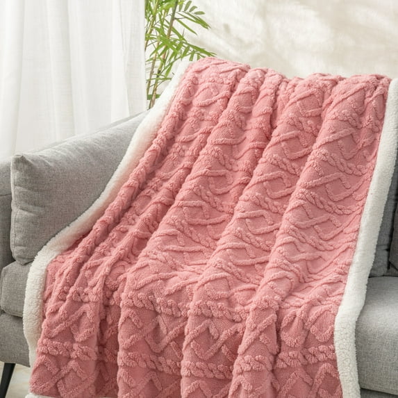 Mellowdy Jacquard Shaggy Weft Knitted Blanket (Pink, 60x80 inches) - Reversible Sherpa Twin/Full Blanket