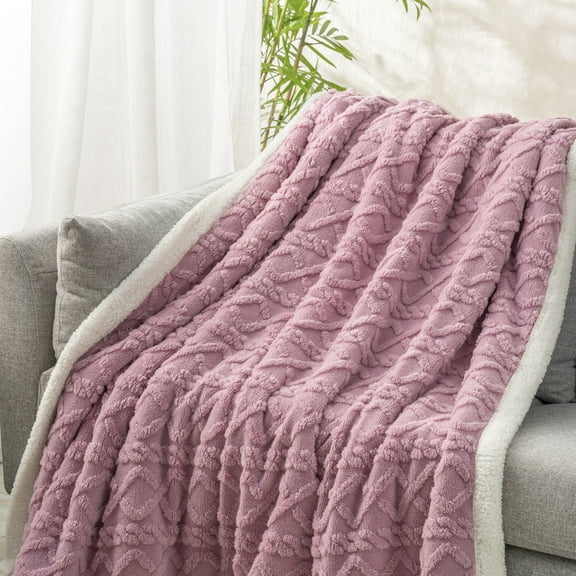 Mellowdy Jacquard Shaggy Weft Knitted Blanket (Purple, 60x80 inches) - Reversible Sherpa Twin/Full Blanket
