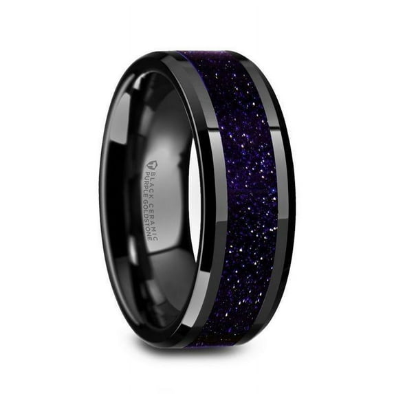 Melo Black Ceramic Beveled Polished Mens Wedding Band With Purple Goldstone Inlay