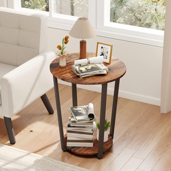 Melocadol 2-Tier Round Side Table with Storage Shelves, Metal Frame End Table for Living Room Bedroom Small Spaces