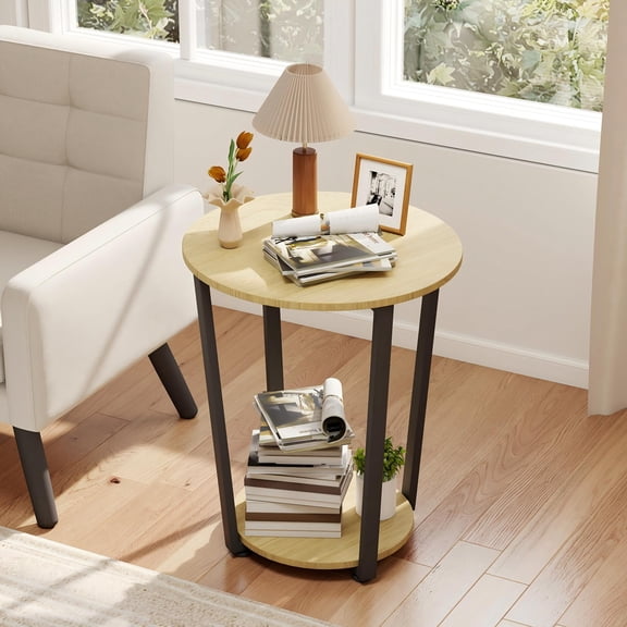 Melocadol 2-Tier Round Side Table with Storage Shelves, Metal Frame End Table for Living Room Bedroom Small Spaces