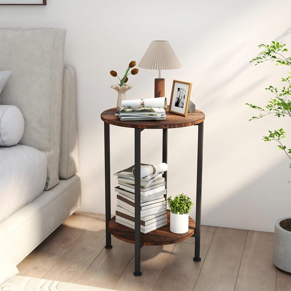 Melocadol 2-Tier Round Side Table with Storage Shelves, Metal Frame End Table for Living Room Bedroom Small Spaces