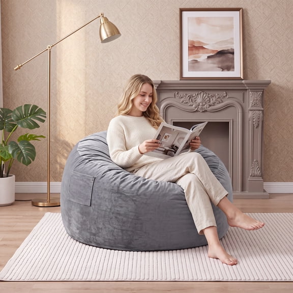 Melocadol 3.5FT Bean Bag Chair, Soft Plush Lazy Sofa for Indoor Bedroom Living Room, Light Gray
