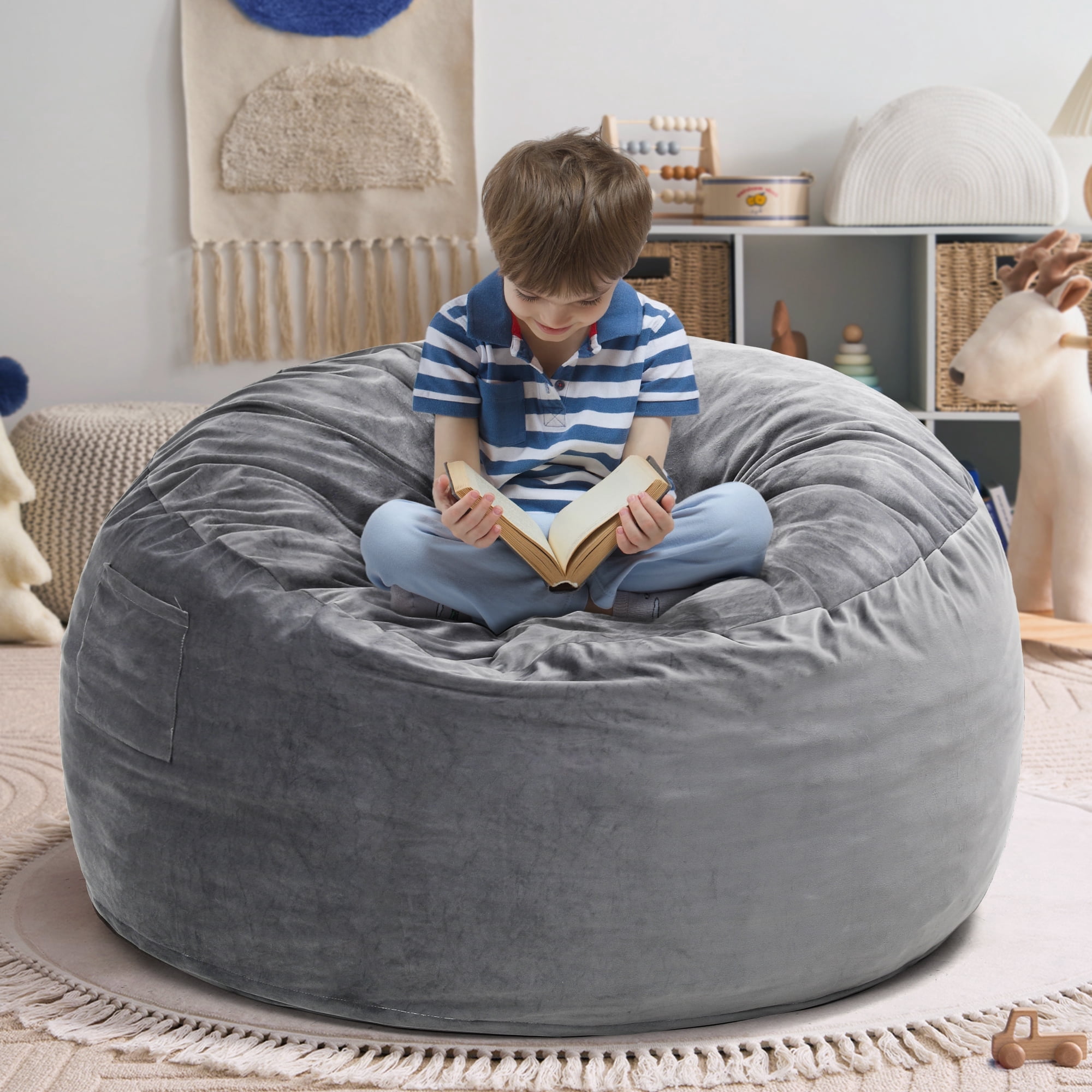 Melocadol 3.5ft Bean Bag Chair for Adults Kids, Premium Memory Foam, Washable Suede Fabric, Sturdy Zipper, Comfy Chair for Home, Den, Dorm, Light Gray