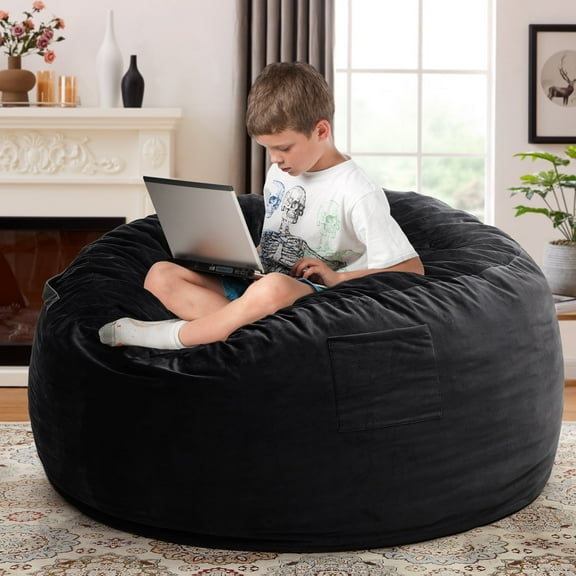 Melocadol 3.5ft Bean Bag Chair for Adults Kids, Premium Memory Foam, Washable Suede Fabric, Sturdy Zipper, Comfy Chair for Home, Den, Dorm, Black