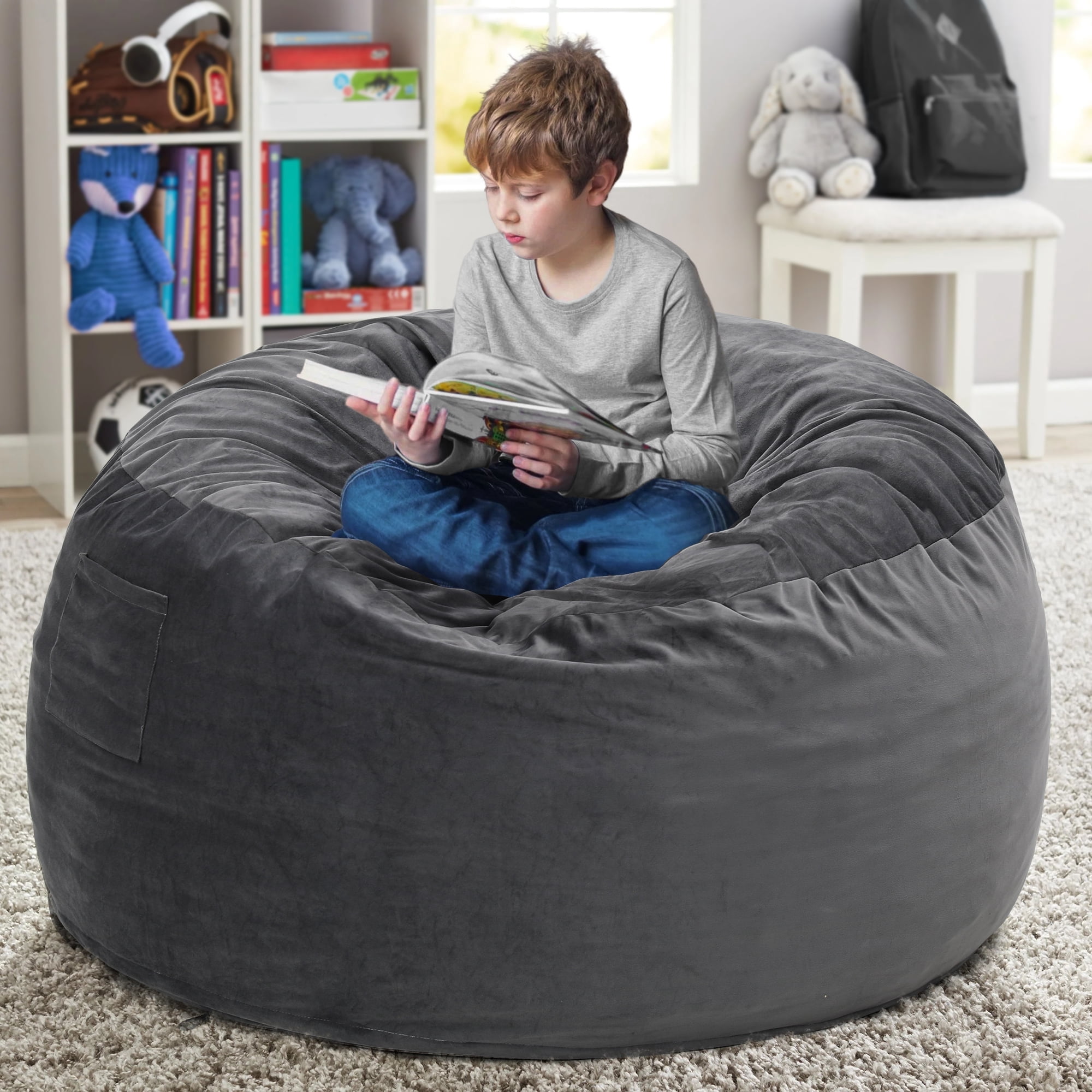 Melocadol 3.5ft Bean Bag Chair for Adults Kids, Premium Memory Foam, Washable Suede Fabric, Sturdy Zipper, Comfy Chair for Home, Den, Dorm, Dark Gray