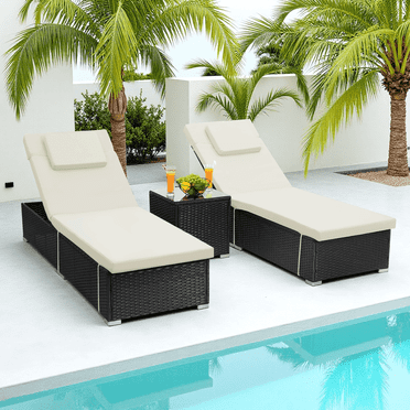 Melocadol 3-Piece Patio Rattan Wicker Chaise Lounge Furniture Set, 2 Reclining Patio Chairs with Matching Coffee Table, Durable Rattan with Removable Washable Cushions, White