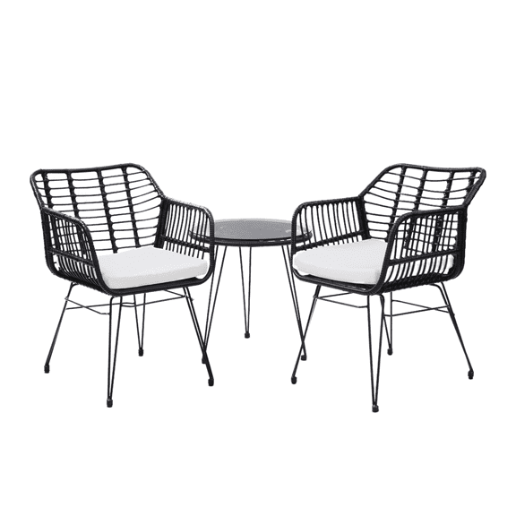 Melocadol 3 Piece Rattan Bistro Set with 2 Chairs & Tempered Glass Table, All-Weather Space-Saving Outdoor Furniture for Small Patios, Balconies, Black