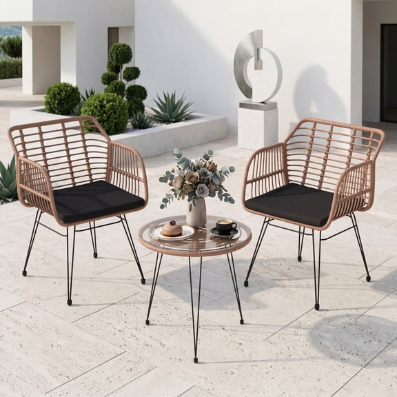 Melocadol 3 Piece Wicker Patio Bistro Set, Outdoor Rattan Chairs with Tempered Glass Top Table, Conversation Furniture for Porch Backyard Balcony Apartment Indoor Outdoor Use, Brown
