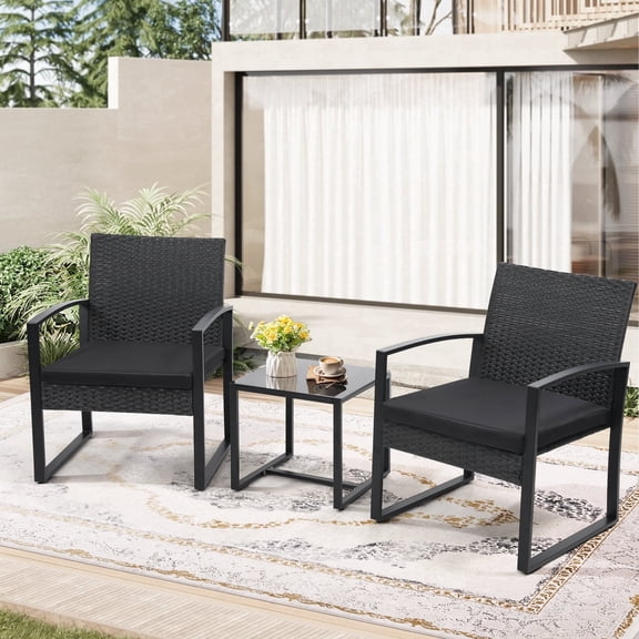 Melocadol 3 Piece Wicker Patio Bistro Set, Outdoor Rattan Set with Glass Top Coffee Table, Black Frame with Black Cushions