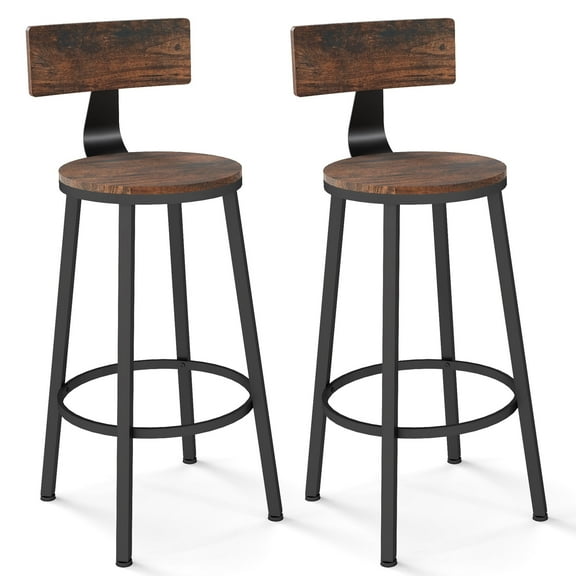 Melocadol 30" Tall Wooden Bar Stools Set of 2 for Kitchen Island, Counter Height Bar Stools with Adjustable Feet, Comfortable Back Support and 360 Footrest, for Living Room, Pub, Rustic Brown