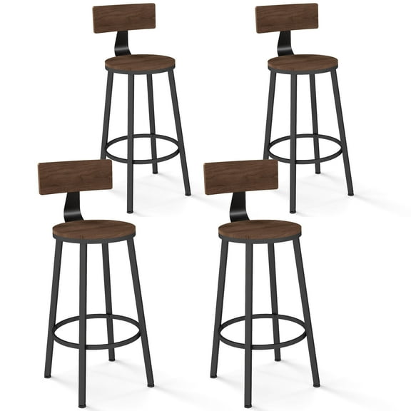Melocadol 30" Tall Wooden Bar Stools Set of 4 for Kitchen Island, Counter Height Bar Stools with Adjustable Feet, Comfortable Back Support and 360 Footrest, for Living Room, Pub, Walnut