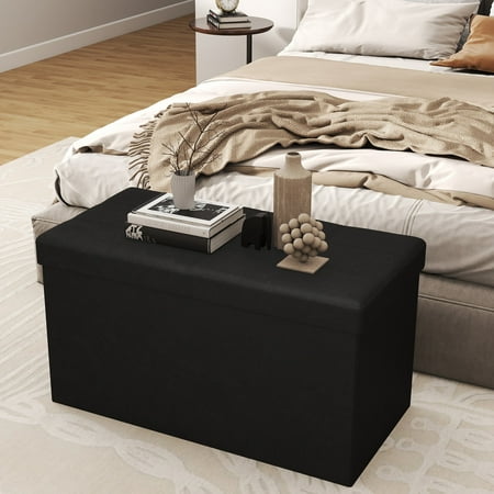 Melocadol 31.5 Inches Foldable Storage Ottoman Bench, End of Bed Foot Rest Stool with Padded Seat, Bedroom Bench with Hidden Storage for Living Room, Support 660lbs, Synthetic Leather, Black
