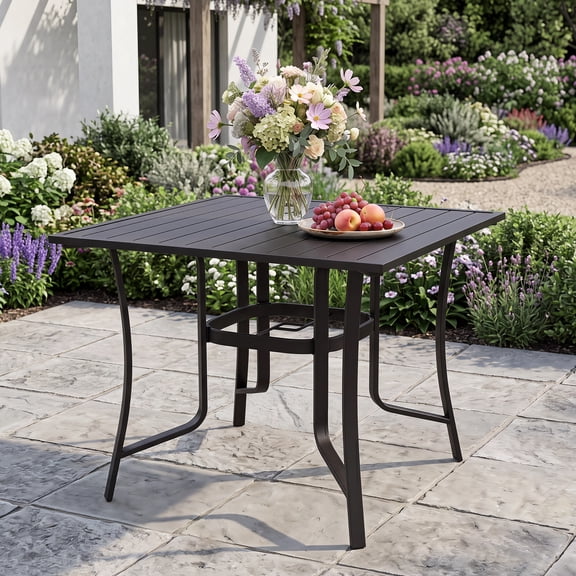 Melocadol 4-Person Rectangular Metal Patio Dining Table with Built-In Umbrella Hole, Heavy-Duty All-Weather Rustproof Outdoor Table for Backyard, Lawn & Porch, Black