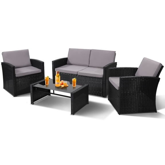Melocadol 4 Piece Patio Furniture Set, All Weather Rattan Sectional Sofa with Cushions, Ideal for Outdoor Garden, Porch or Backyard, Black Rattan and Light Grey Cushion