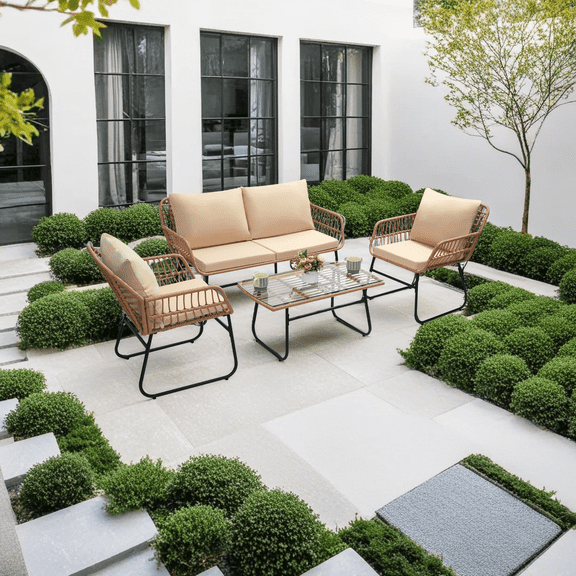 Melocadol 4 Piece Rattan Patio Furniture Set, Rattan Chairs and Table, Perfect for Backyard, Outdoor Living Spaces with Durable All-Season Cushions, Natural Rattan Beige Cushion